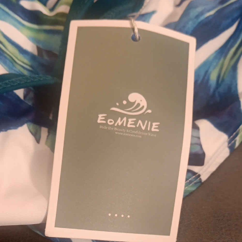 NWT. Eomenie Forest Green And Tropical Leaf Print One Piece High Waist Swimsuit - Picture 7 of 7
